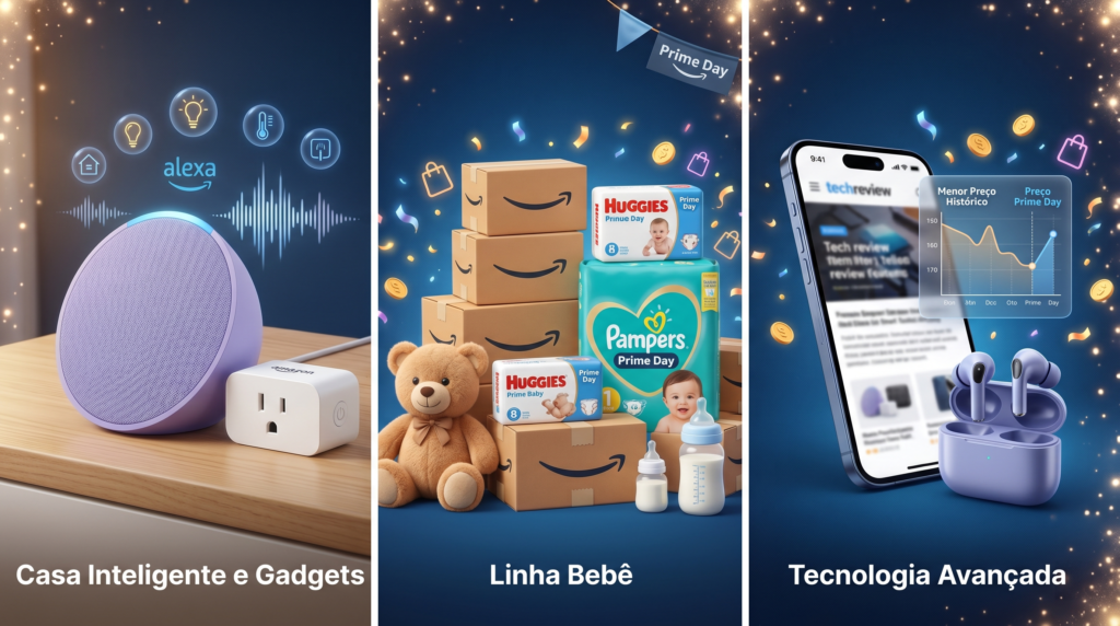 Infográfico mostrando produtos em oferta no Amazon Prime Day nas categorias de Casa Inteligente, Linha Bebê e Smartphones