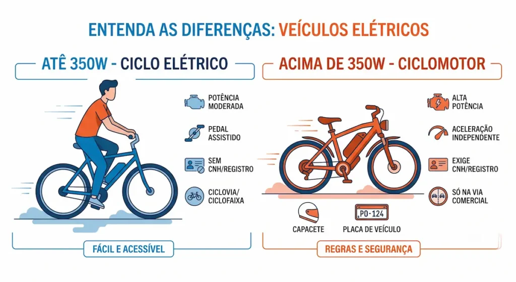 diferença entre ciclo elétrico até 350w e ciclomotor acima de 350w
