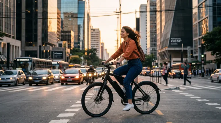 Mulher andando de bicicleta elétrica em avenida urbana movimentada, alternativa de mobilidade urbana para economizar