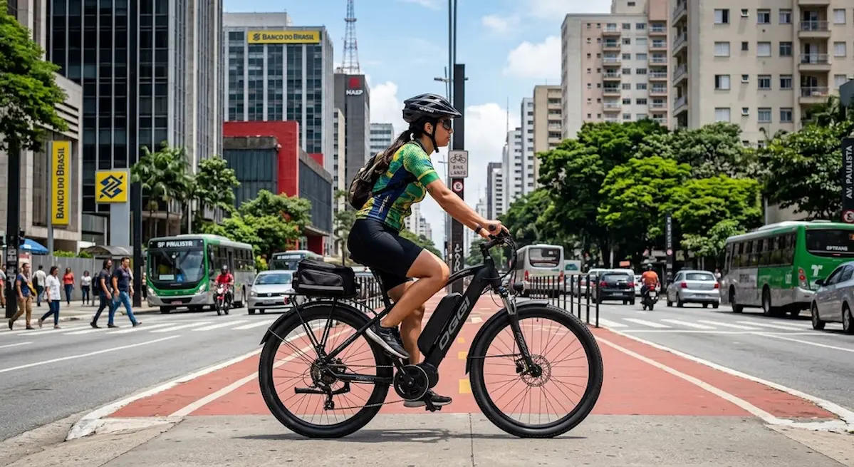 Autonomia bicicleta elétrica: ciclista pedalando em avenida urbana