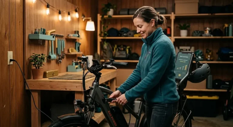 Bicicleta elétrica gasta muita energia? Pessoa carregando a bateria em casa, calculando o custo mensal