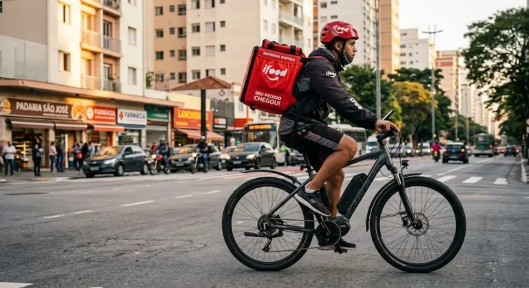 Entregador com bicicleta elétrica e bag do iFood nas costas, pedalando em via urbana movimentada