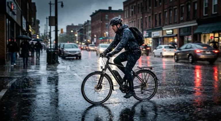 Bicicleta elétrica pode andar na chuva? Ciclista pedalando sob chuva forte em avenida urbana
