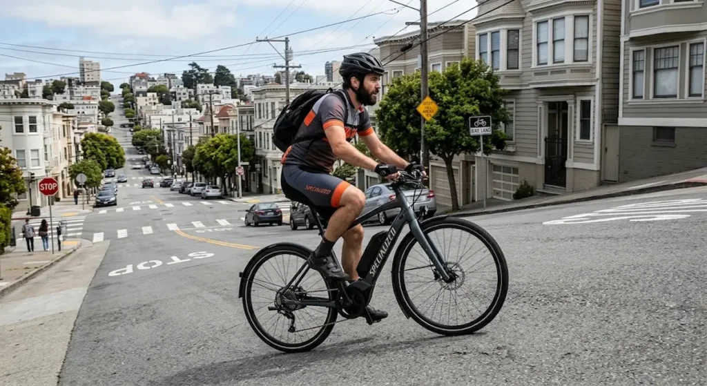 Ciclista subindo uma ladeira de bicicleta elétrica, mostrando o esforço do motor em terreno inclinado