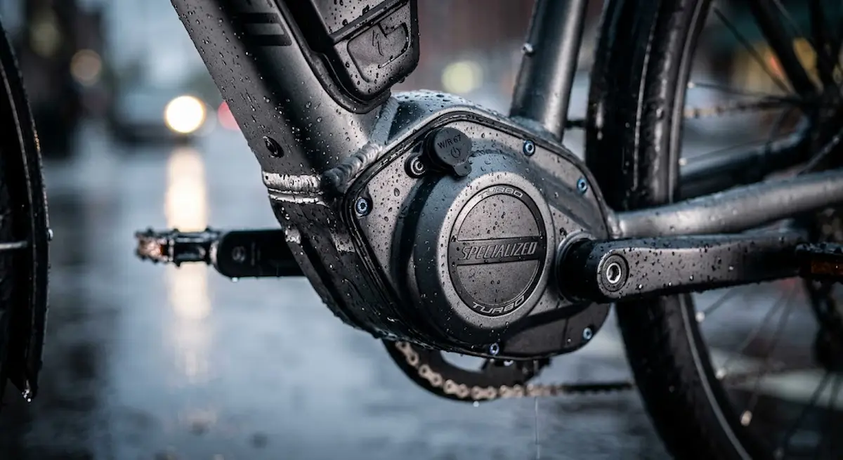 Selo de classificação IP em motor de bicicleta elétrica, mostrando proteção contra água