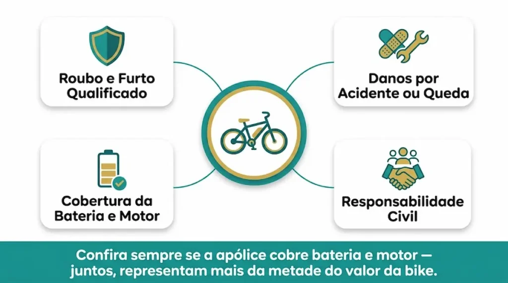 Infográfico mostrando o que o seguro para bicicleta elétrica cobre: roubo, furto, danos e bateria