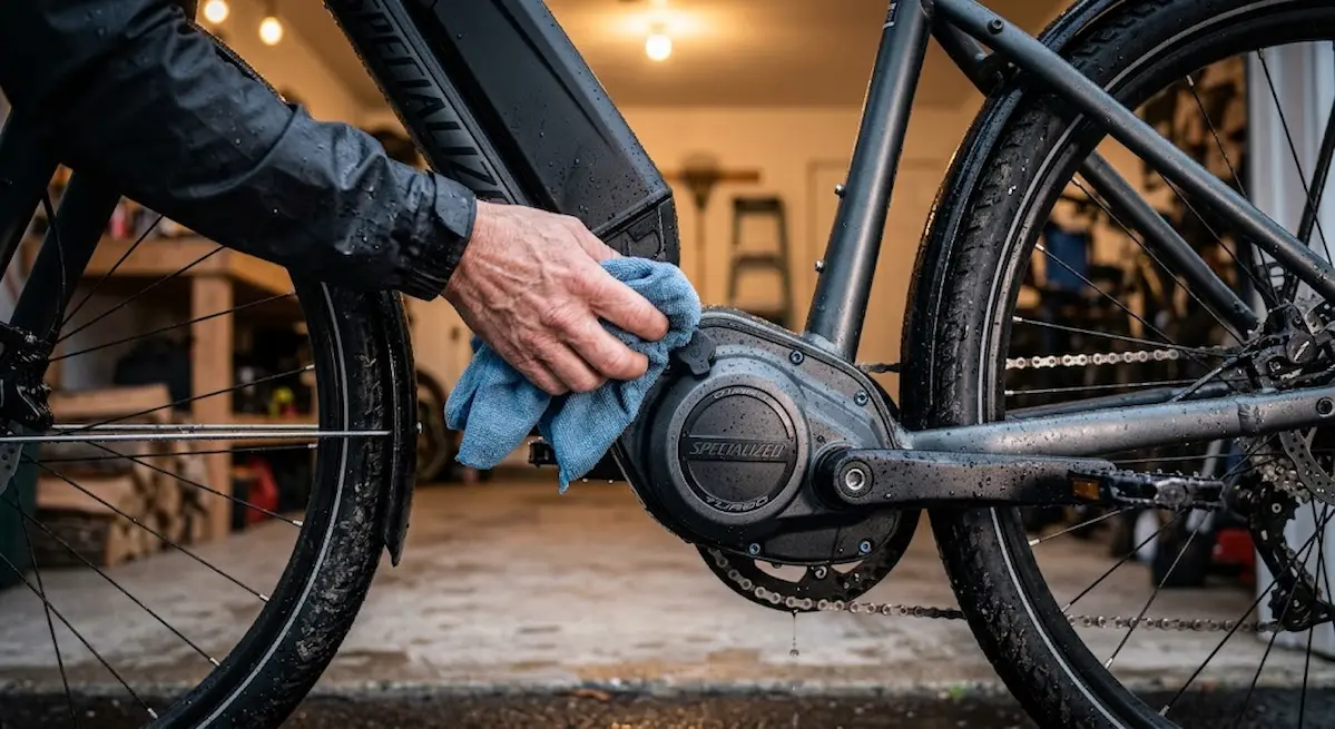 Pessoa limpando e secando bicicleta elétrica após andar na chuva, cuidados de manutenção