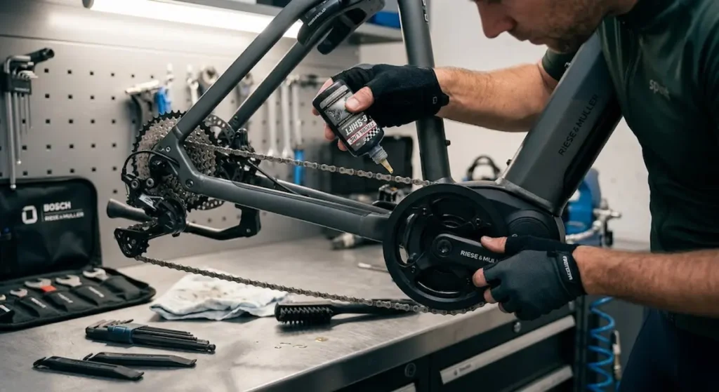 Aplicação de lubrificante na corrente durante processo de manutenção de bike eletrica