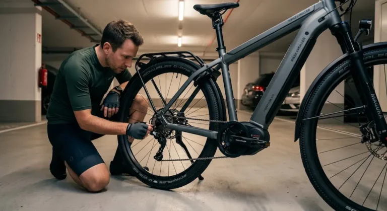 Ciclista realizando a verificação preventiva e manutenção de bike eletrica em ambiente doméstico