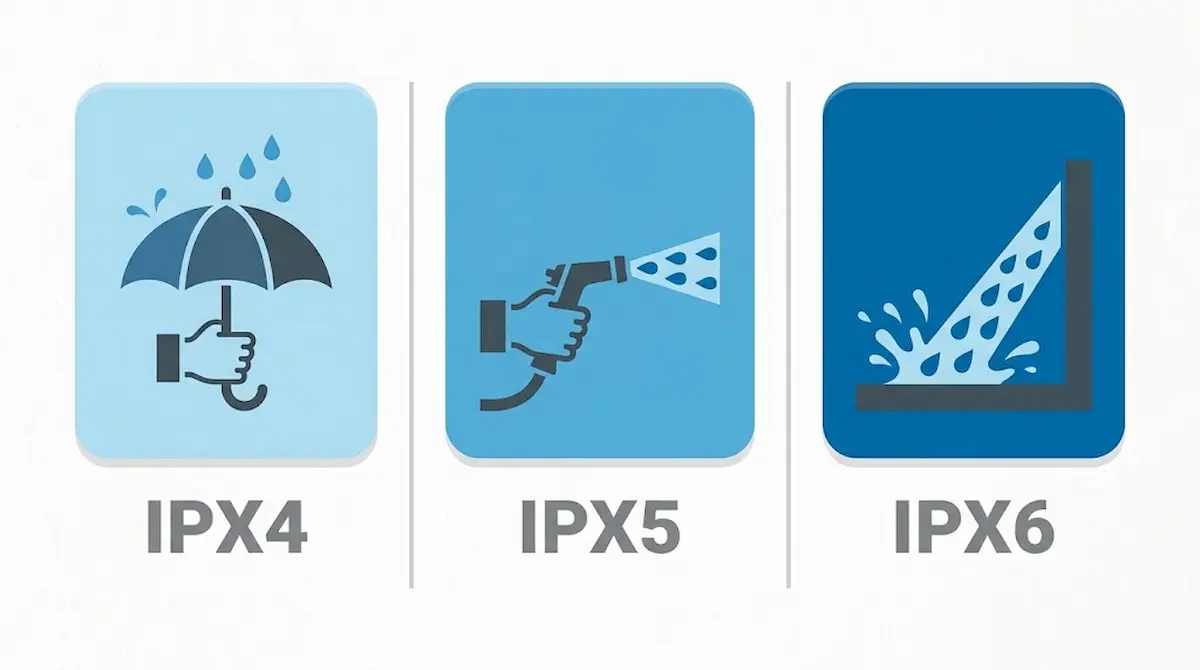 Infográfico comparando os níveis de proteção contra água IPX4, IPX5 e IPX6, aplicáveis a patinete elétrico