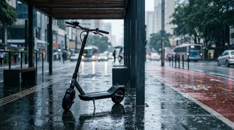 Patinete elétrico moderno protegido da chuva sob marquise urbana, cuidados essenciais