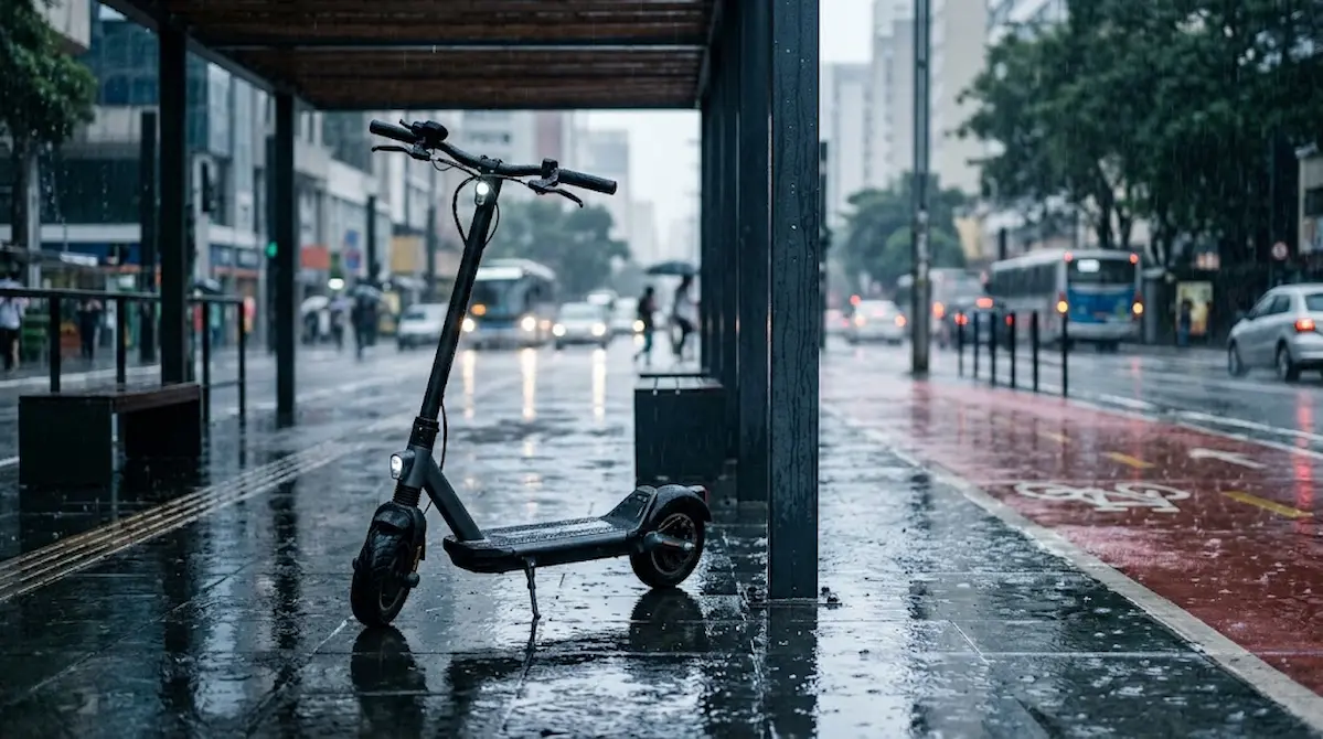 Patinete elétrico moderno protegido da chuva sob marquise urbana, cuidados essenciais