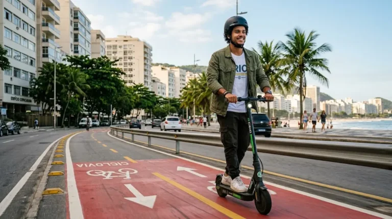 Jovem andando de patinete elétrico em ciclovia urbana, ilustrando se patinete elétrico precisa de CNH