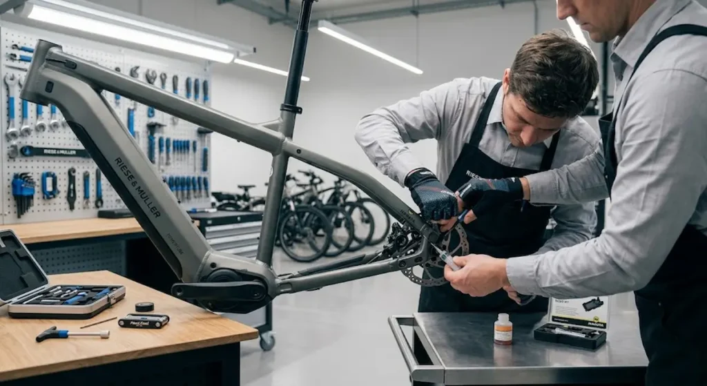 Mecânico realizando a troca de pastilhas e revisão dos freios durante a bicicleta elétrica manutenção
