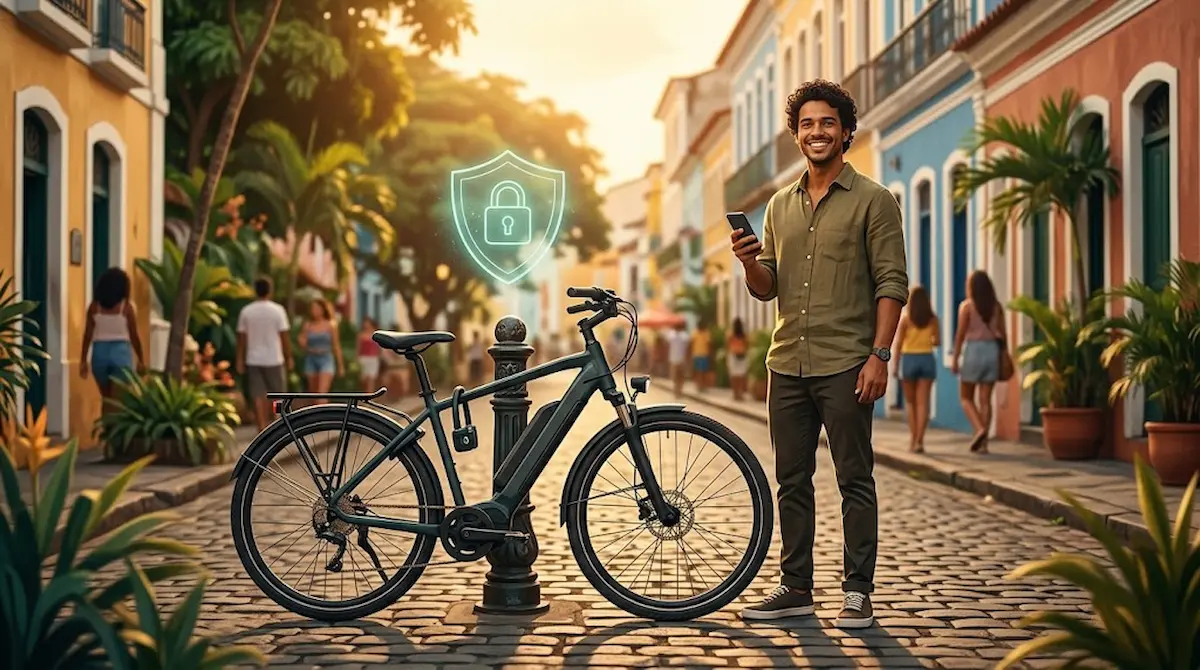 Seguro para bicicleta elétrica protegendo contra roubo e danos, ciclista tranquilo em cidade brasileira